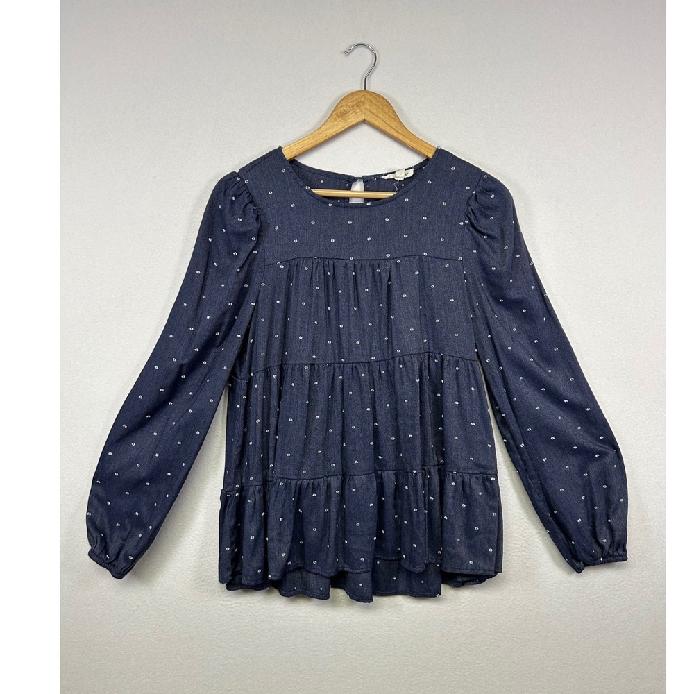 Boho Cottagecore Blu Pepper Womens Medium Blue Tiered Polka Dot Babydoll Top